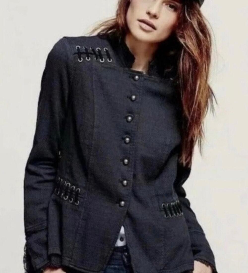 Free People Victorian Military Lace Grommet Jacket Blue Grey Sz L New